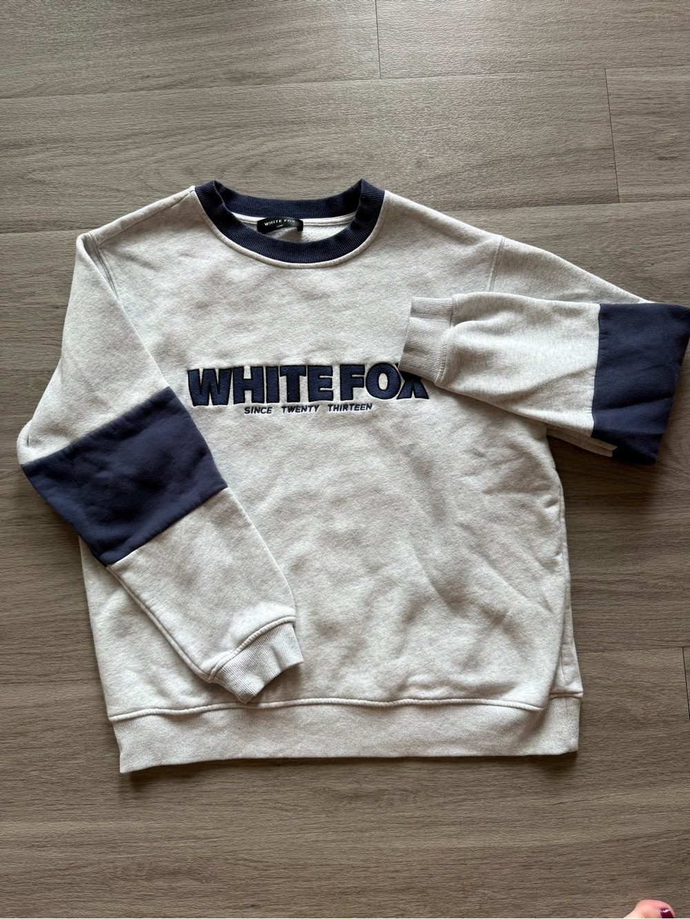 White Fox Boutique Grey Crewneck Sweatshirt with Navy Accents